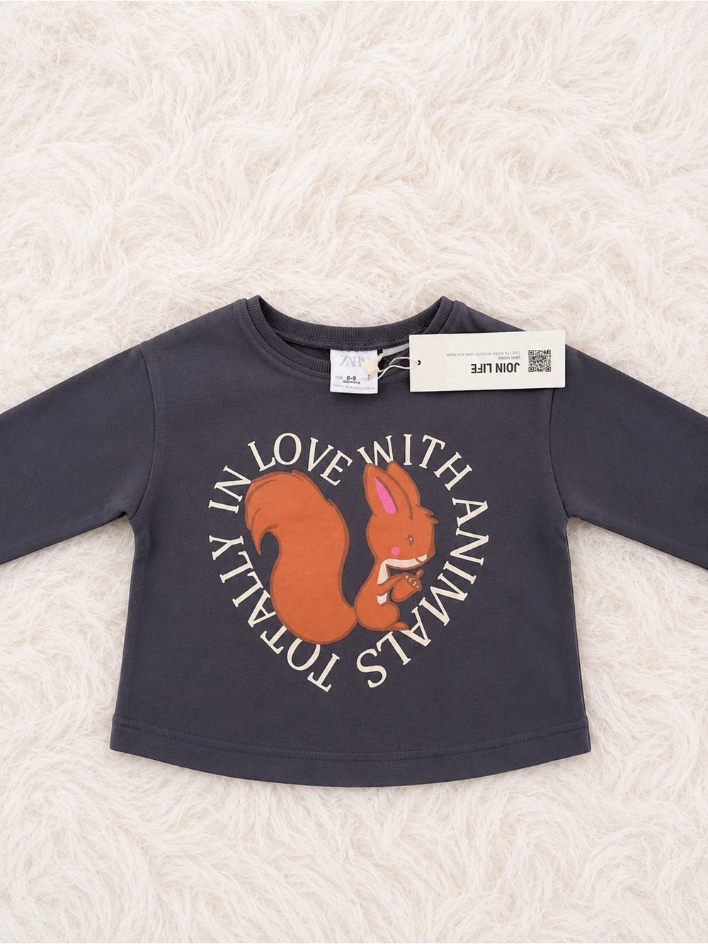 Zara Black Long-Sleeve Tee with Orange Squirrel Graphic